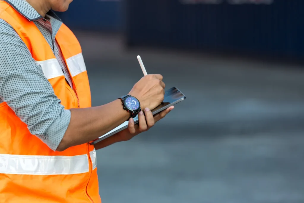 Worker in an orange hi-vis vest writing on a tablet with a stylus on site