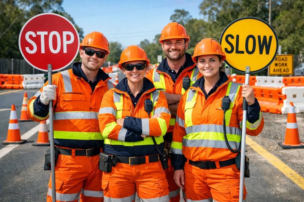 Four traffic controllers in orange hi-vis holding STOP and SLOW signs at a roadwork site